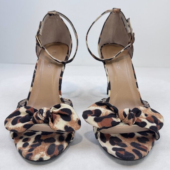 Bamboo Womens Stiletto Shoes Brown Leopard Print Strappy Bow Open Toes Ankle 7.5 - Picture 2 of 11